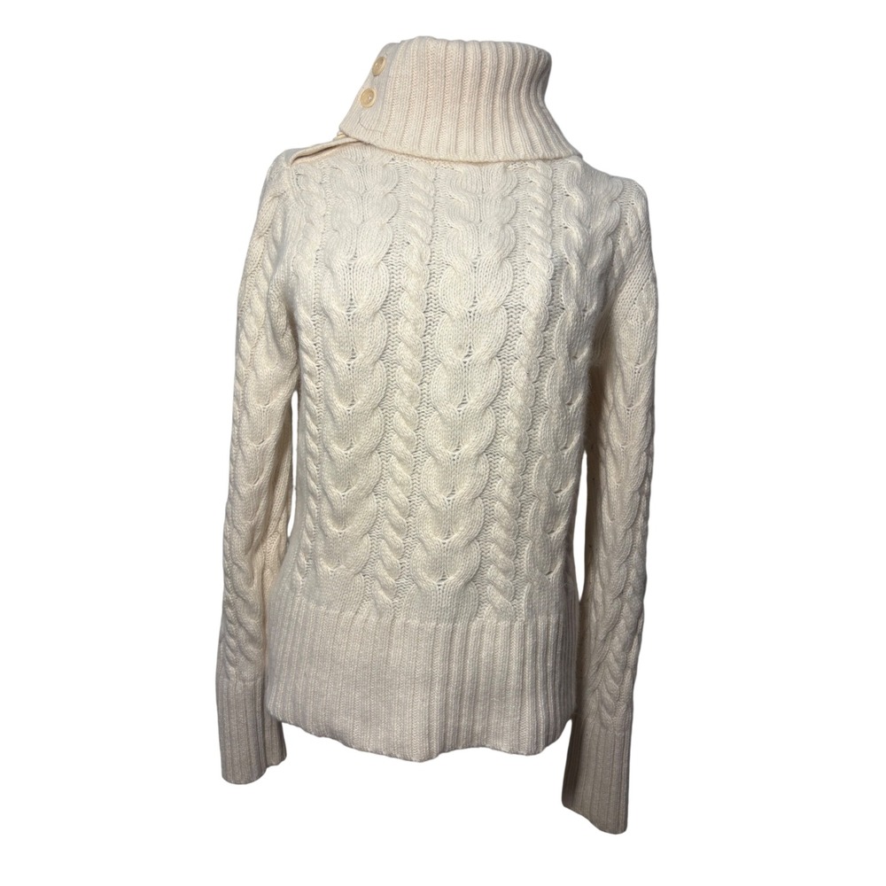 Banana Republic Angora Lambswool Cable Knit Button Turtleneck Sweater Cream L
